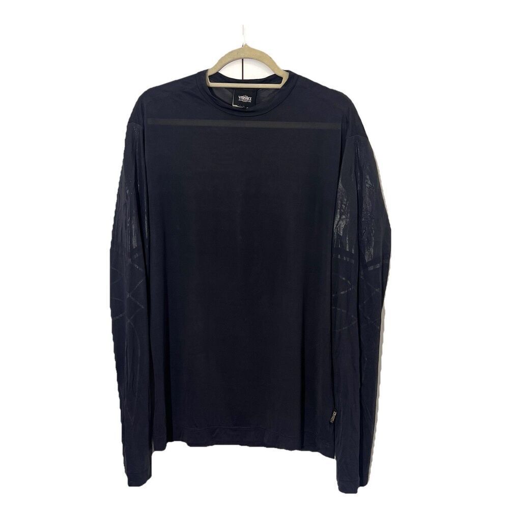 Versace Y2K Micro Mesh Shirt Mens M Black‎ Long Sleeve Medusa Head Logo
